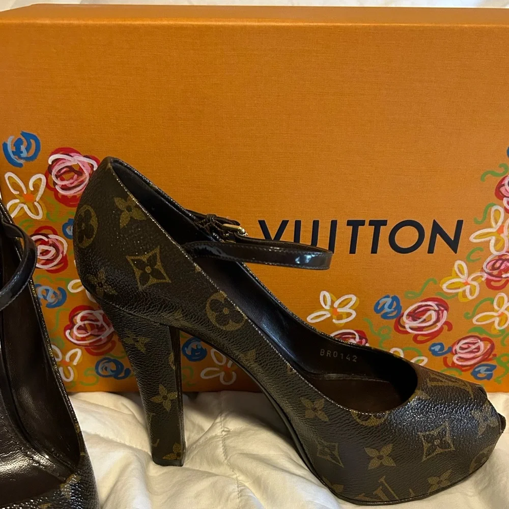 Louis Vuitton Monogram Peep-Toe Mary Jane Heels in Brown
